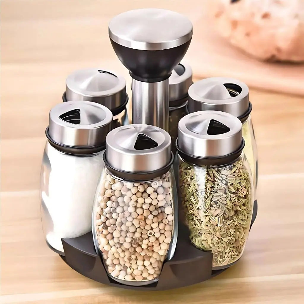 Rotating base spice organizer with 6 glass jars for easy countertop access