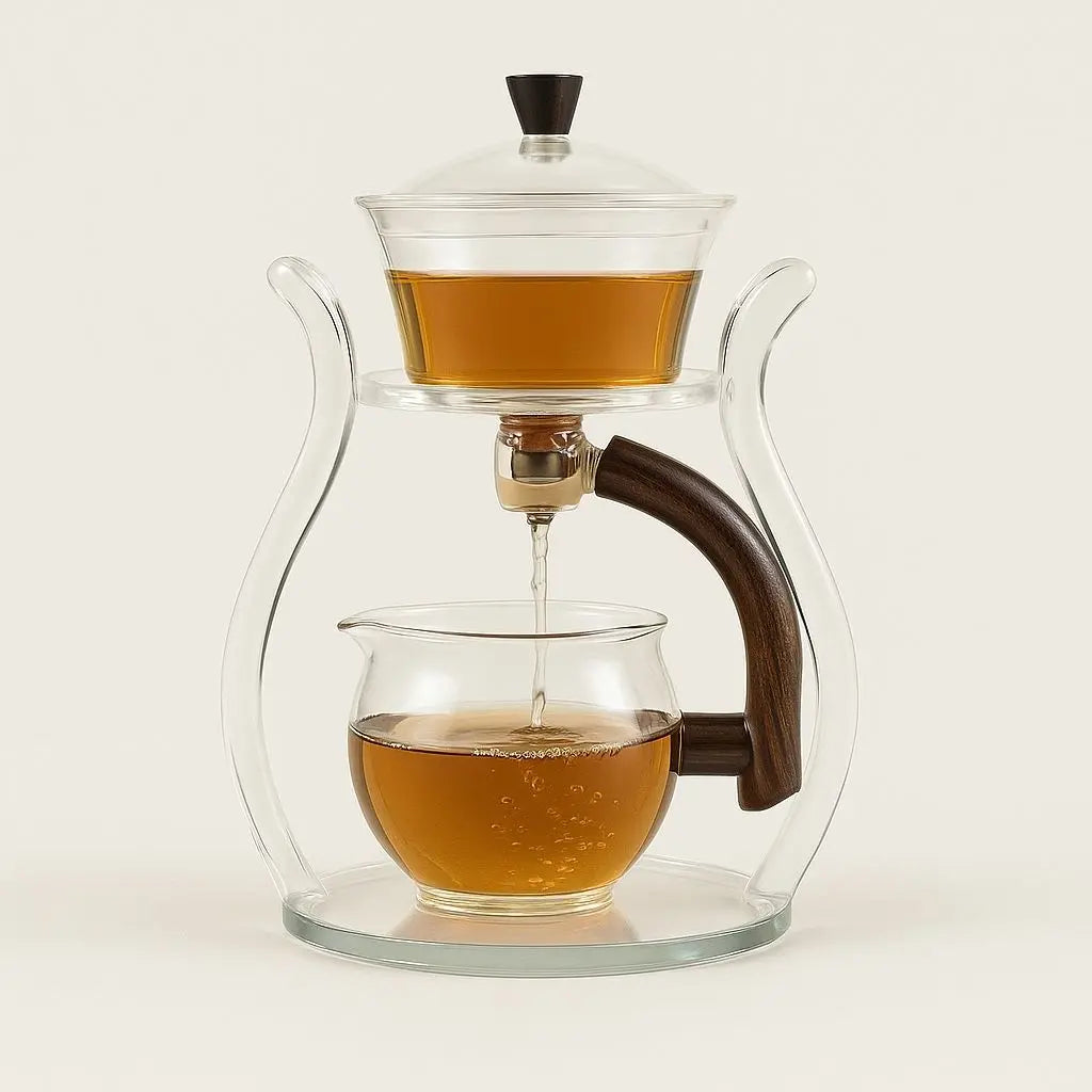 Glass teapot with wooden handle pouring tea into a glass cup on a white background