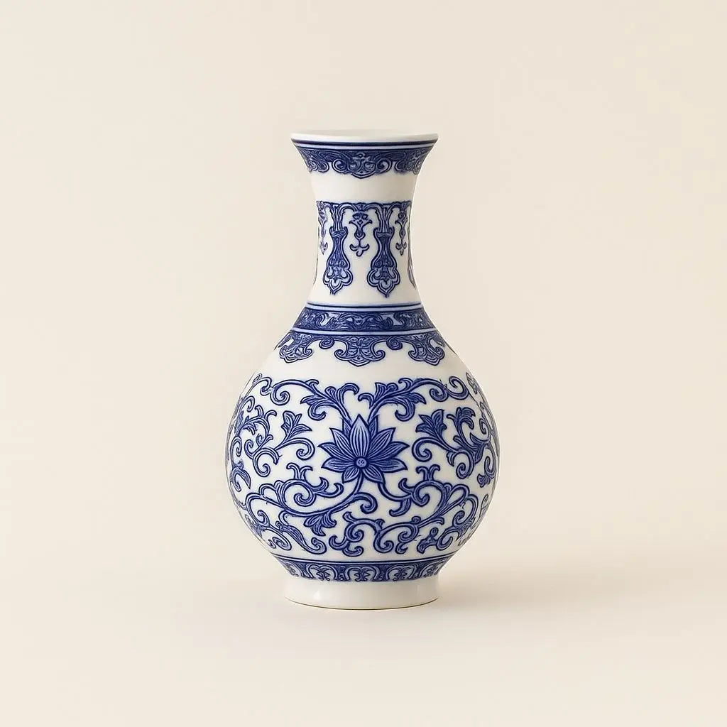 Blue white ceramic wall mounted vase featuring Chinese style decorative patterns and artisan craftsmanship