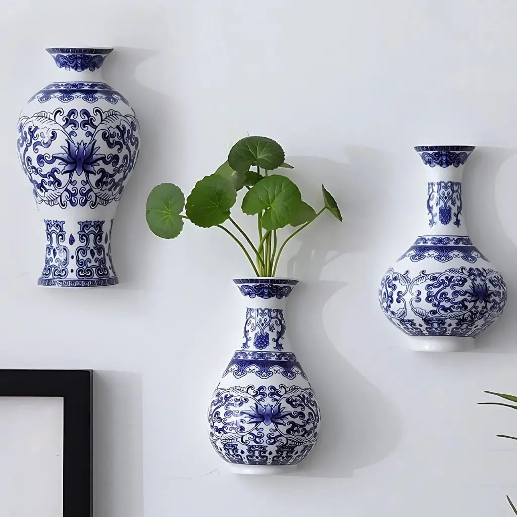 Traditional Chinese style ceramic vase with blue white patterns designed for wall mounting display