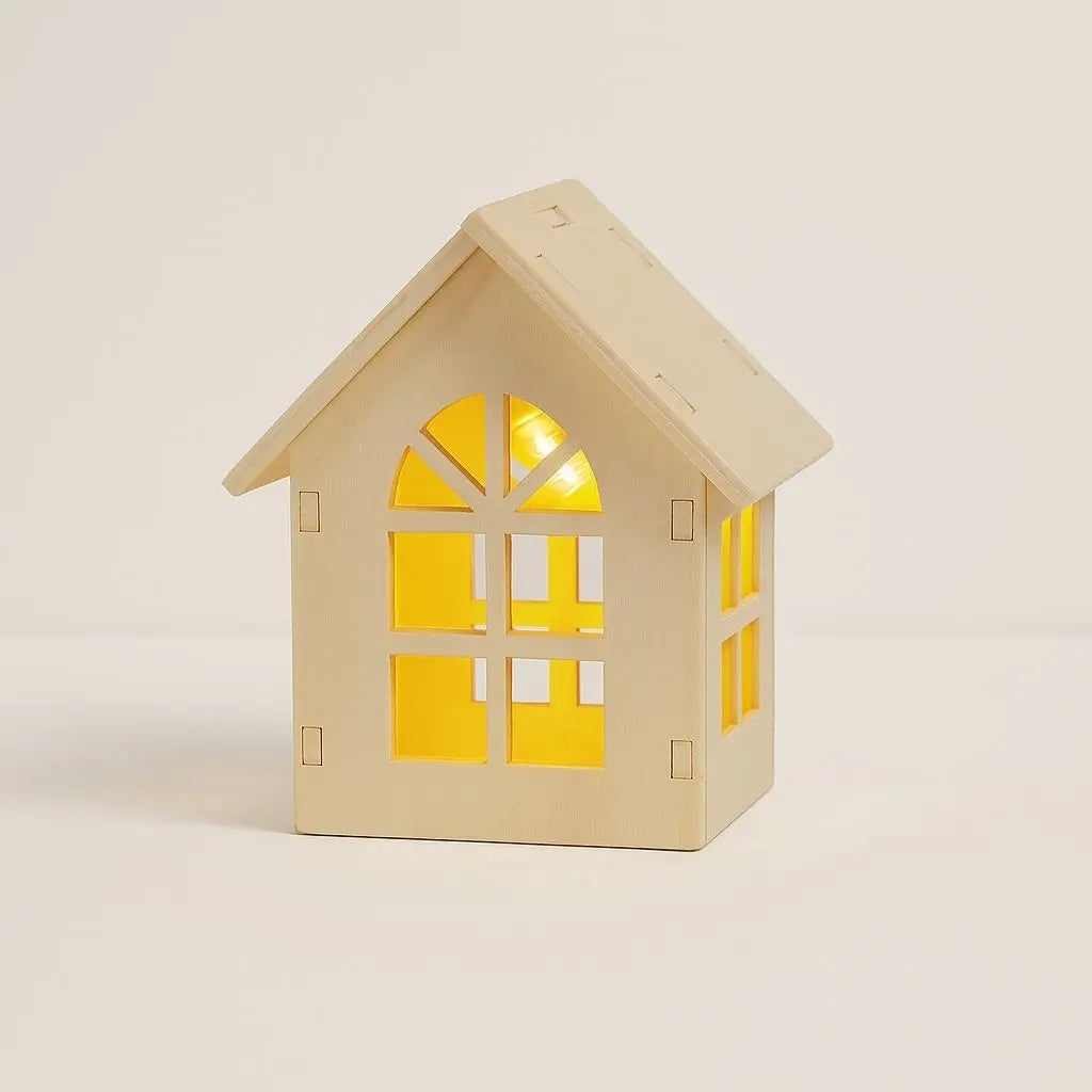 Nordic style wooden string lights featuring house designs with warm white LED for bedroom decoration