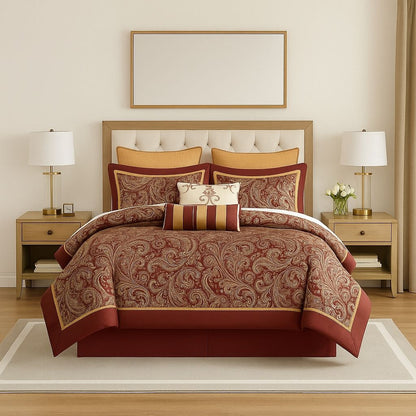 Paisley jacquard comforter set with 12 pieces including cotton sheets in deep red gold silver design for queen bed