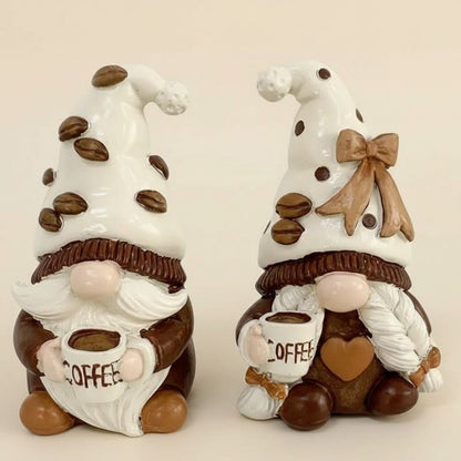 Resin gnome ornament with coffee cup and textured hat for holiday tabletop decor