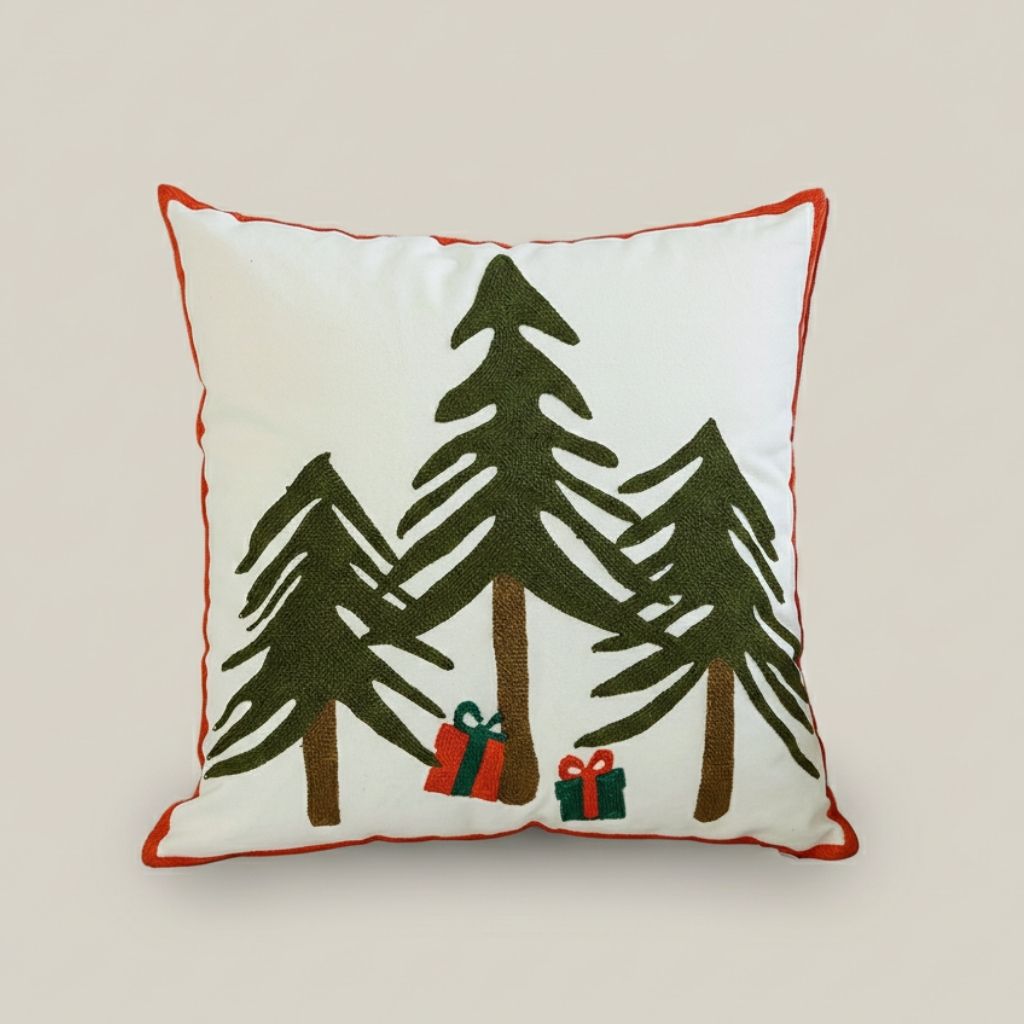 Embroidered Christmas pillow cover with snowflake and mountain pattern 