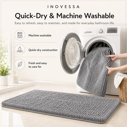 Gray bath mat being taken out of a washing machine with 'Inovessa' branding and product features.