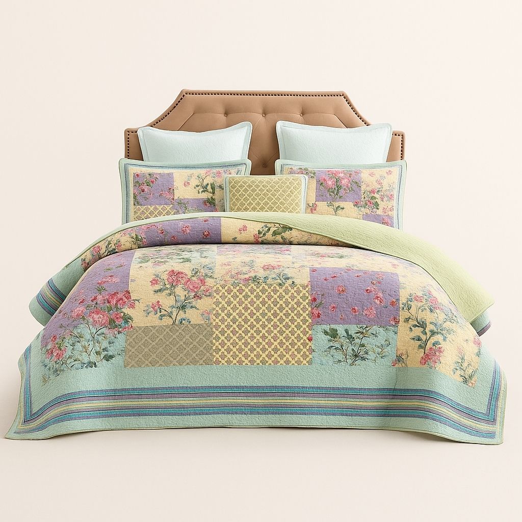  Soft cotton bedding set featuring quilted texture and delicate floral patchwork for bedroom comfort