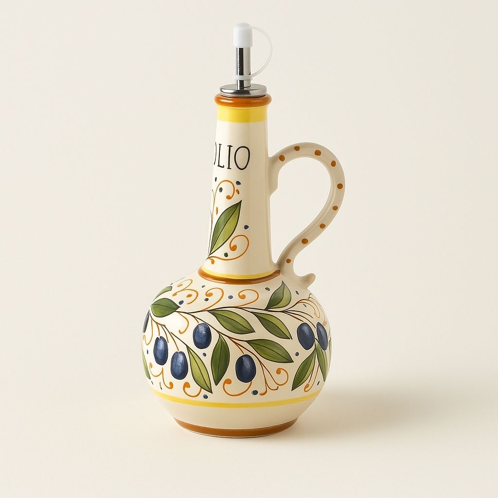 Hand painted ceramic oil bottle with pour spout, 700ml olive oil dispenser for Mediterranean kitchen decor