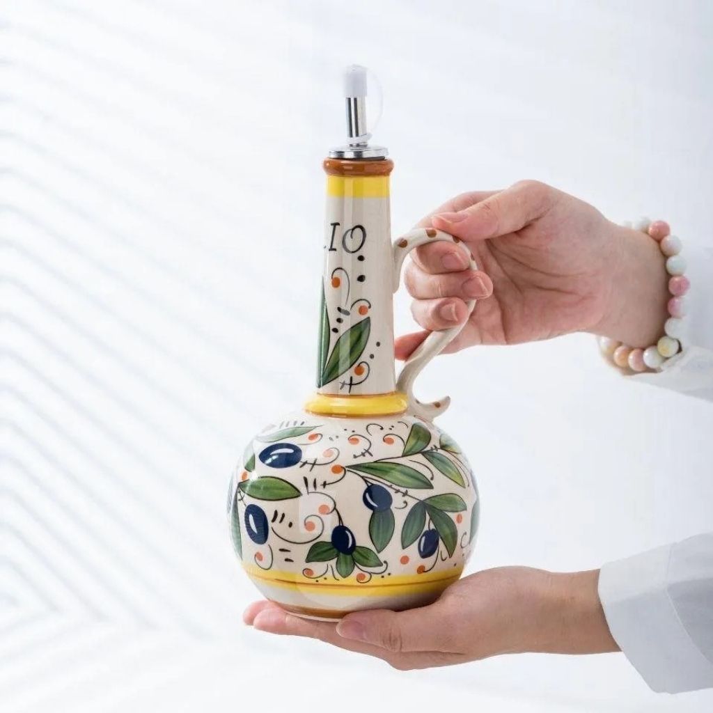 Mediterranean ceramic oil vinegar cruet set with decorative hand painted design for kitchen storage