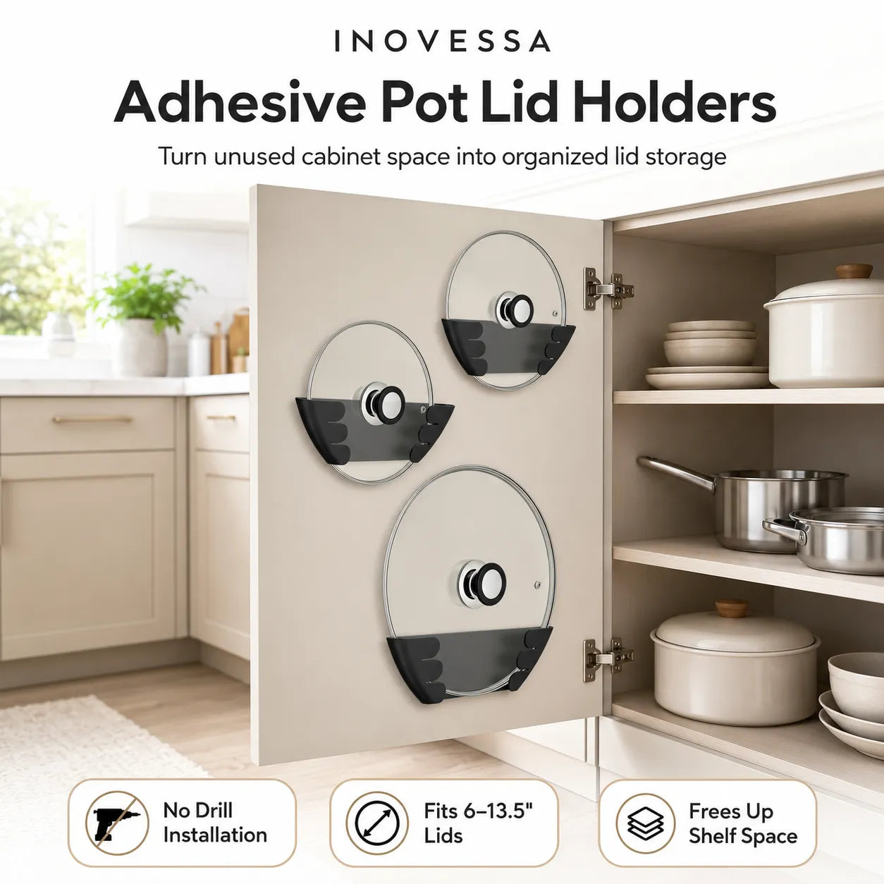 Inovessa adhesive pot lid holders shown mounted on a beige kitchen cabinet door, with three clear lids attached in different sizes. The image includes marketing text at the top and feature icons at the bottom, set against a bright kitchen interior with cookware on shelves.