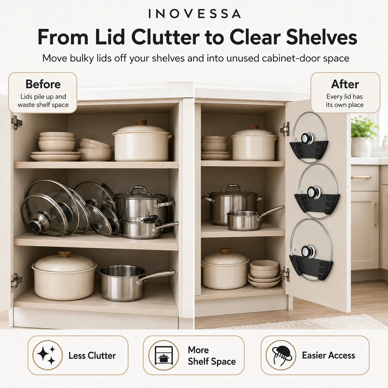 Inovessa cabinet shelf organizer shown in a kitchen setting, with a before-and-after comparison of organized and cluttered cabinet shelves. The product consists of black hanging shelf dividers with clear plastic loops, mounted on the inside of cabinet doors.