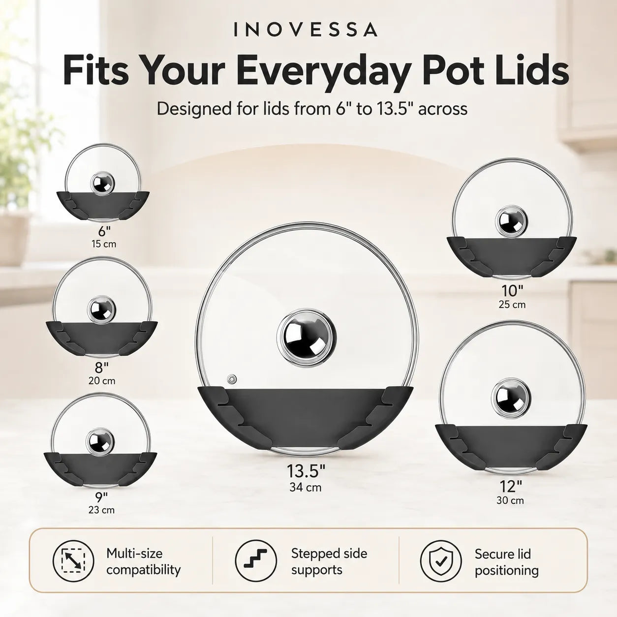 Promotional graphic for Inovessa pot lid fits, showing multiple clear glass pot lids with black rubberized bases in different diameters (6, 8, 9, 10, 12, and 13.5 inches) arranged on a light kitchen-style background.