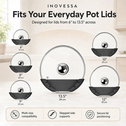 Promotional graphic for Inovessa pot lid fits, showing multiple clear glass pot lids with black rubberized bases in different diameters (6, 8, 9, 10, 12, and 13.5 inches) arranged on a light kitchen-style background.