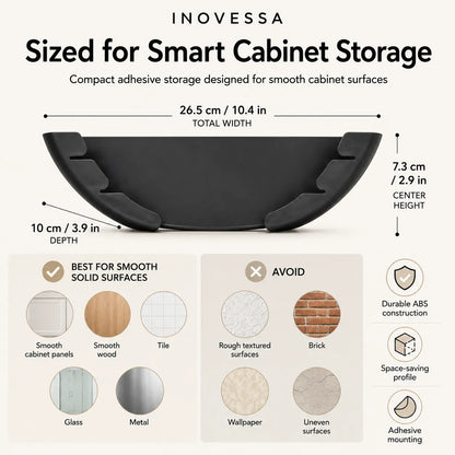 Inovessa smart cabinet storage shelf shown on a white infographic background with dimensions, usage examples, and mounting features.