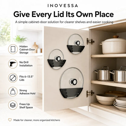 Inovessa adhesive lid storage system shown mounted on a kitchen cabinet door, with three clear glass lids attached in different sizes. The image includes marketing text and icons highlighting features such as hidden cabinet-door storage, no drill installation, fit for 6-13.