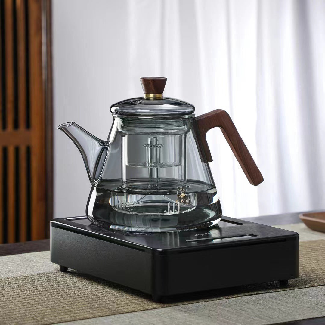 Glass tea brewing pot with infuser - Aetheris heat-resistant borosilicate teapot wooden handle design