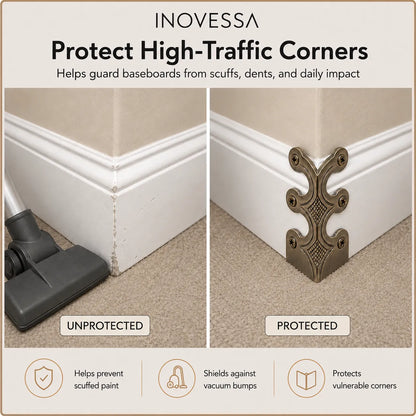 Inovessa corner protector showing before and after effects on baseboards.