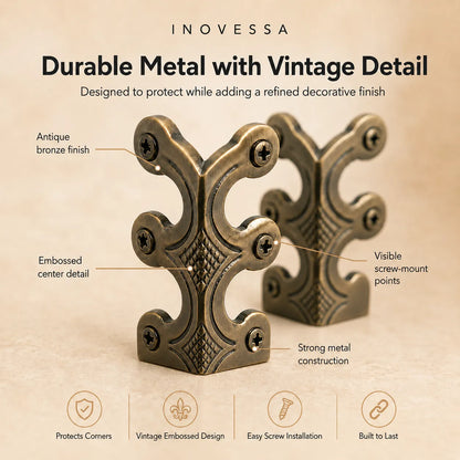 Decorative metal brackets with vintage design on a beige background, featuring the brand 'Inovessa'.