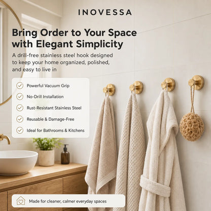 Inovessa hooks with towels and a scrubber on a bathroom wall, featuring product benefits.