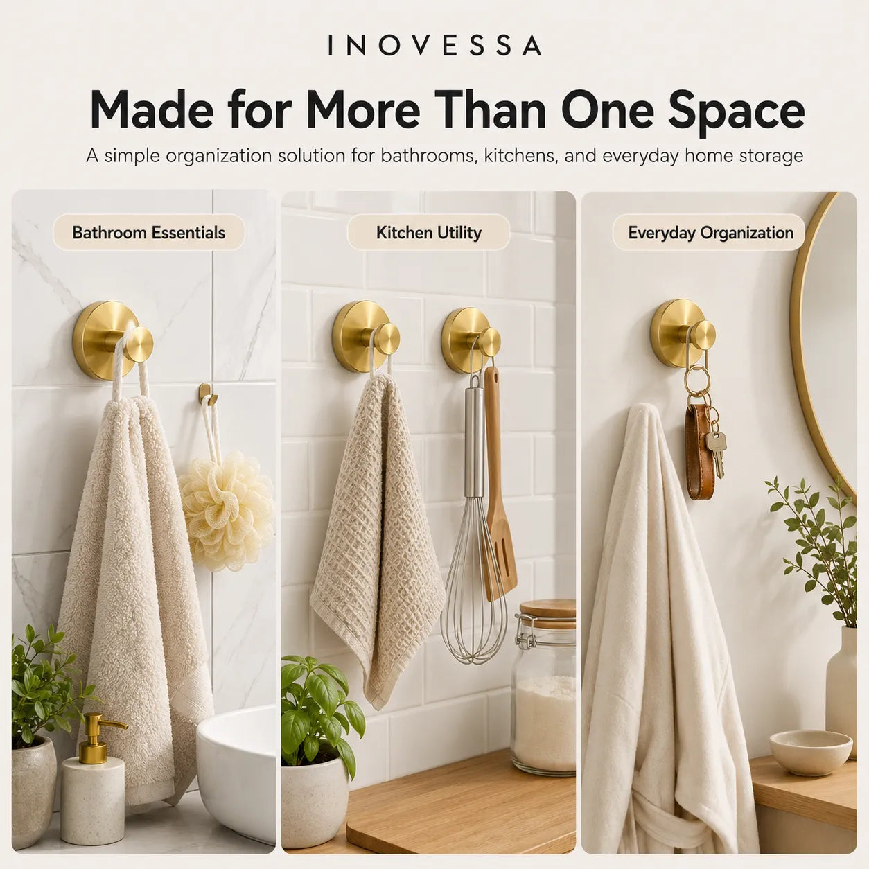 INOVESSA product display in bathroom, kitchen, and home setting with towels and kitchen utensils.