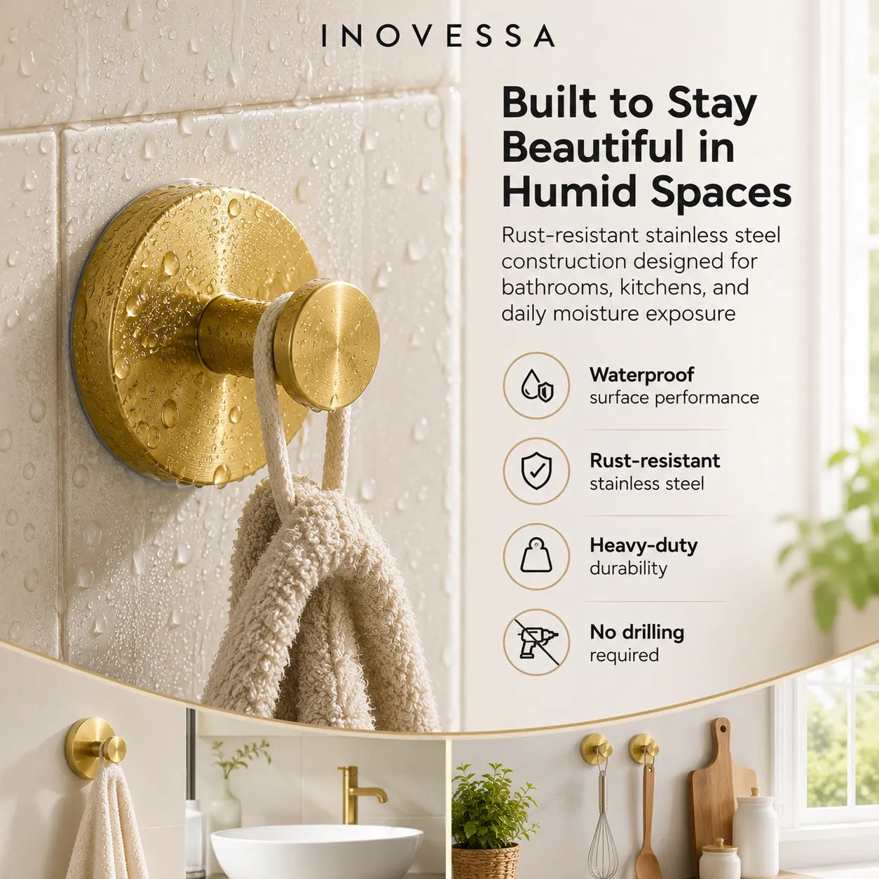 Gold towel hook on a tiled wall with Inovessa branding and product features.