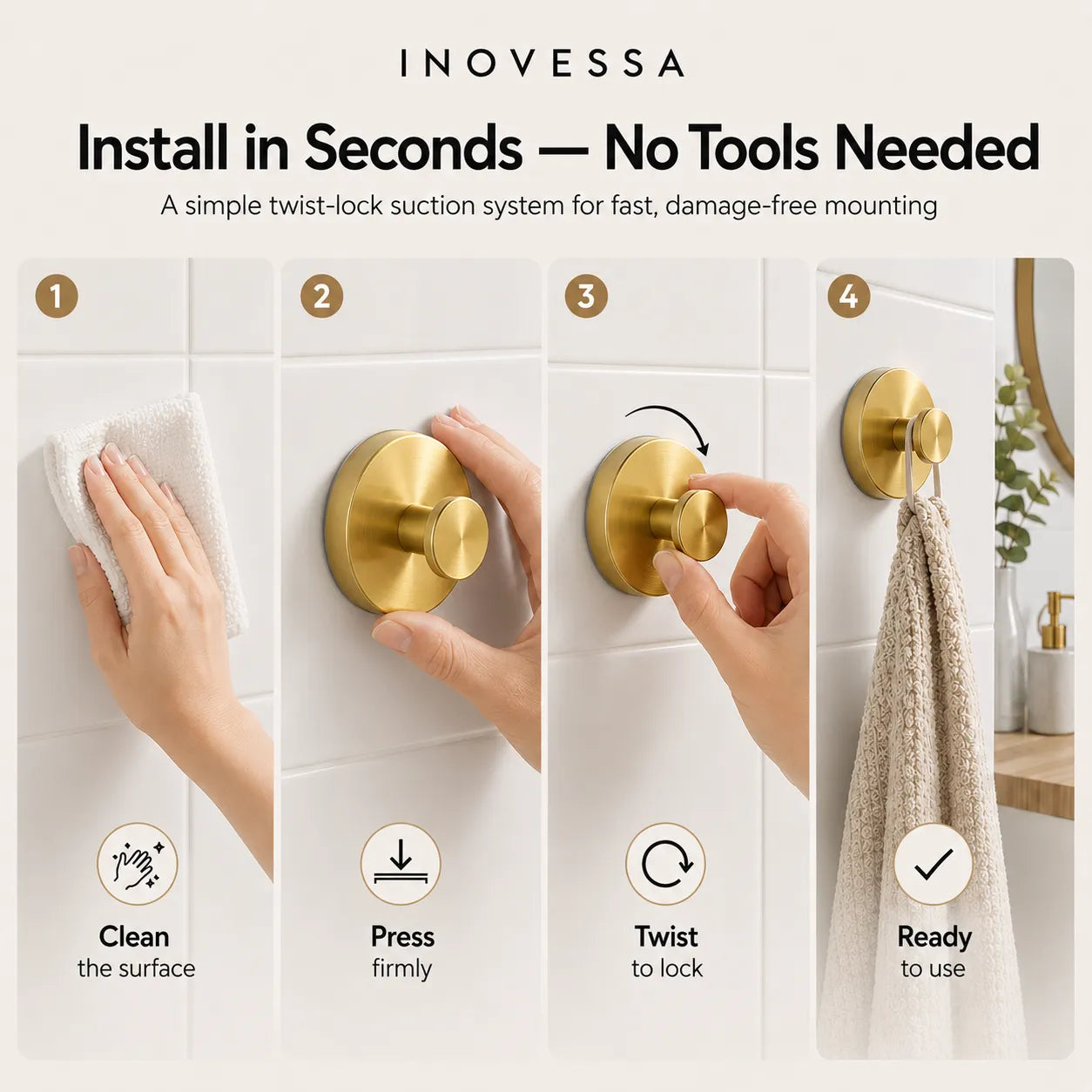 Step-by-step installation process of a gold hook system with Inovessa branding.