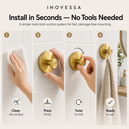 Step-by-step installation process of a gold hook system with Inovessa branding.