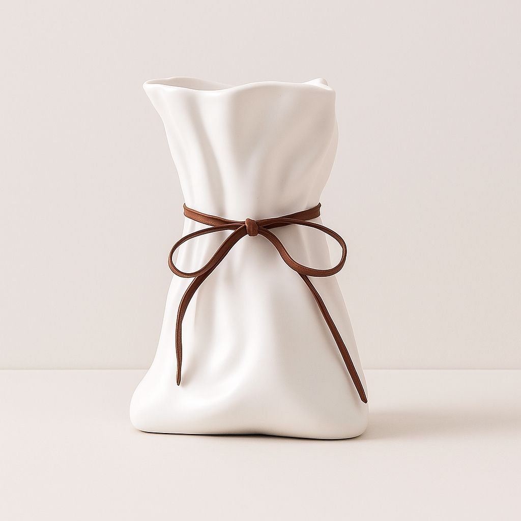 Modern ceramic vase with rope drawstring design for contemporary home decor and flower arrangements