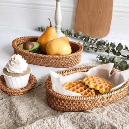 Rattan storage basket kitchen organizer oval handcrafted natural texture traditional weave serving
