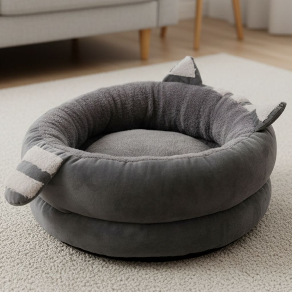 Round plush pet bed with raised edges and soft gray fabric