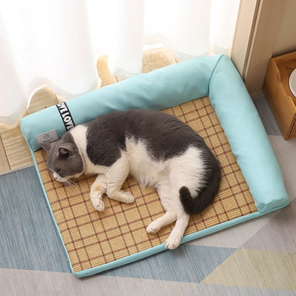 Corner-fit triangular cushion with bamboo cooling surface and suede trim