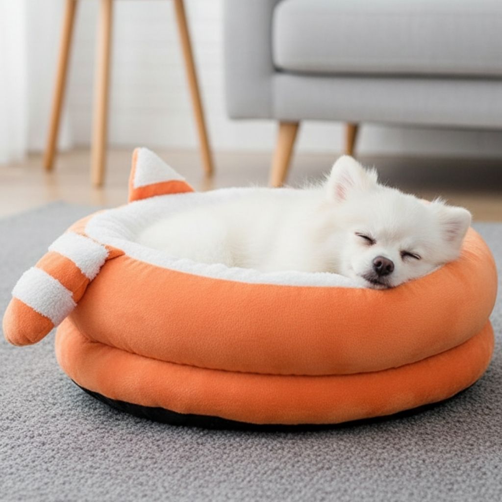Small dog bed featuring non slip base and plush round design