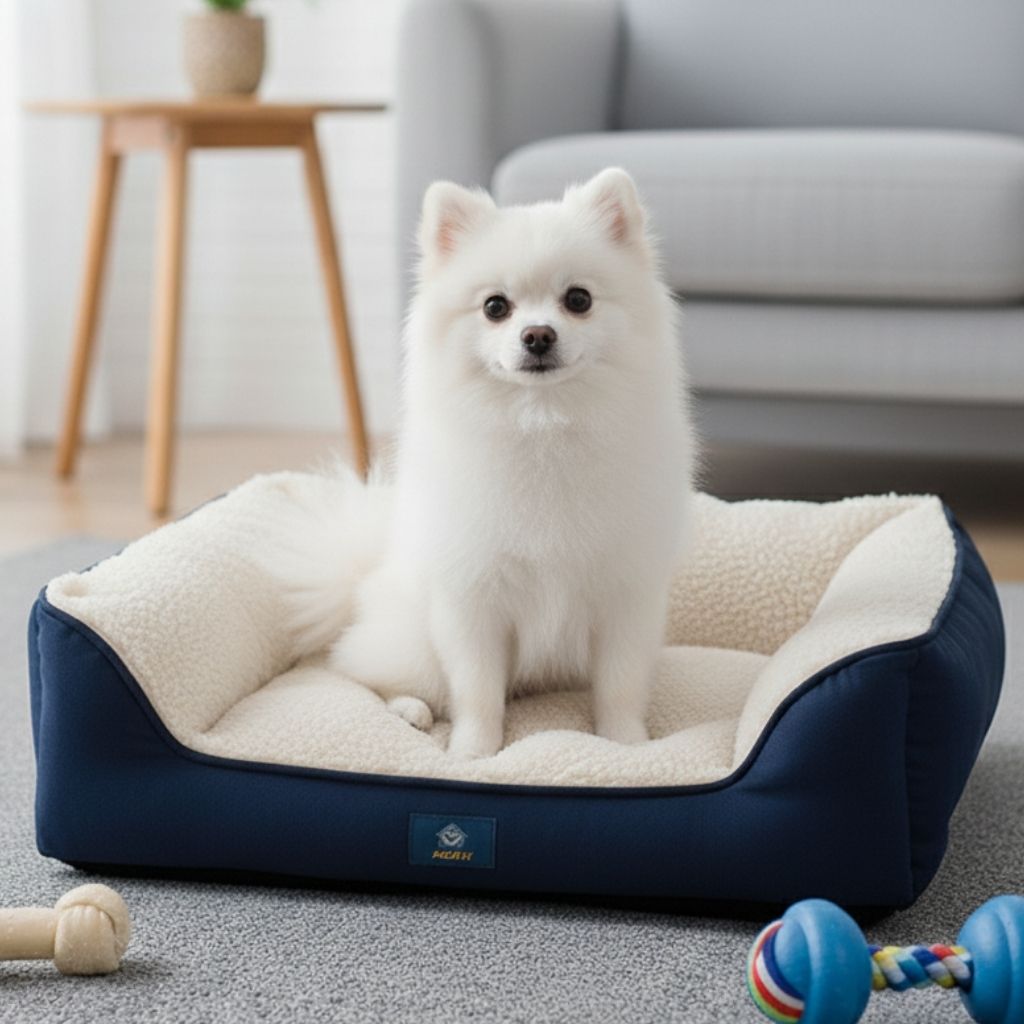 Bolstered pet bed with raised edges for neck and spine support during rest