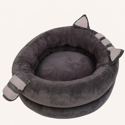 Gray round pet bed with raised rim for cats and small dogs