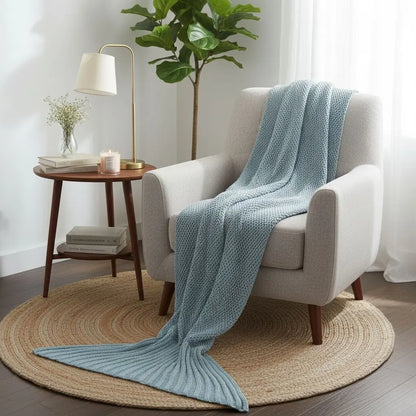 Person wearing acrylic knit tail blanket while relaxing on sofa for ultimate comfort
