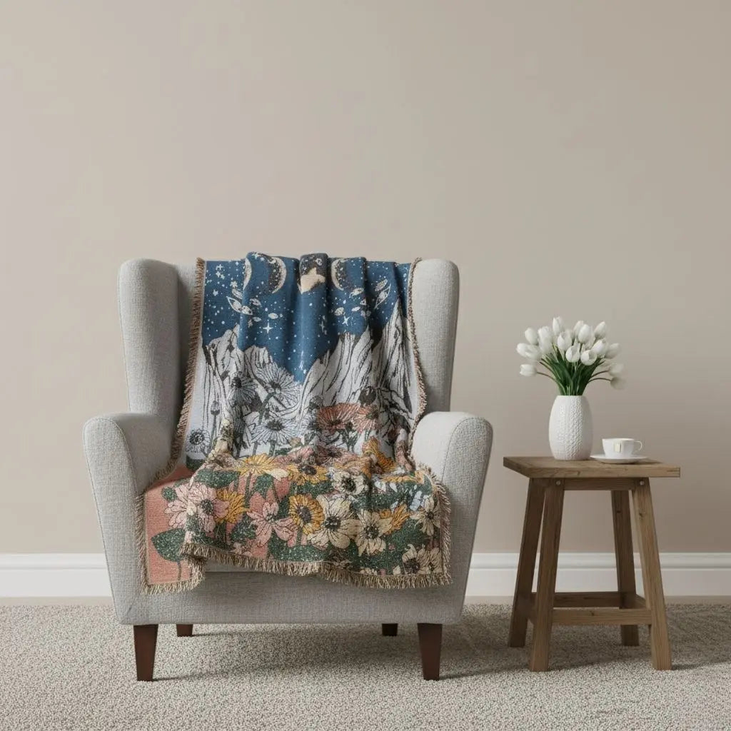 Tarot celestial blanket with intricate moon design and woven spiritual motifs for mystical home decor