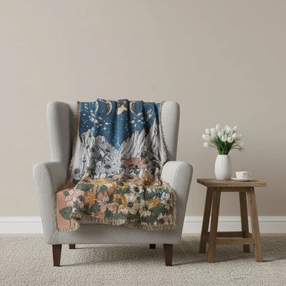 Tarot celestial blanket with intricate moon design and woven spiritual motifs for mystical home decor
