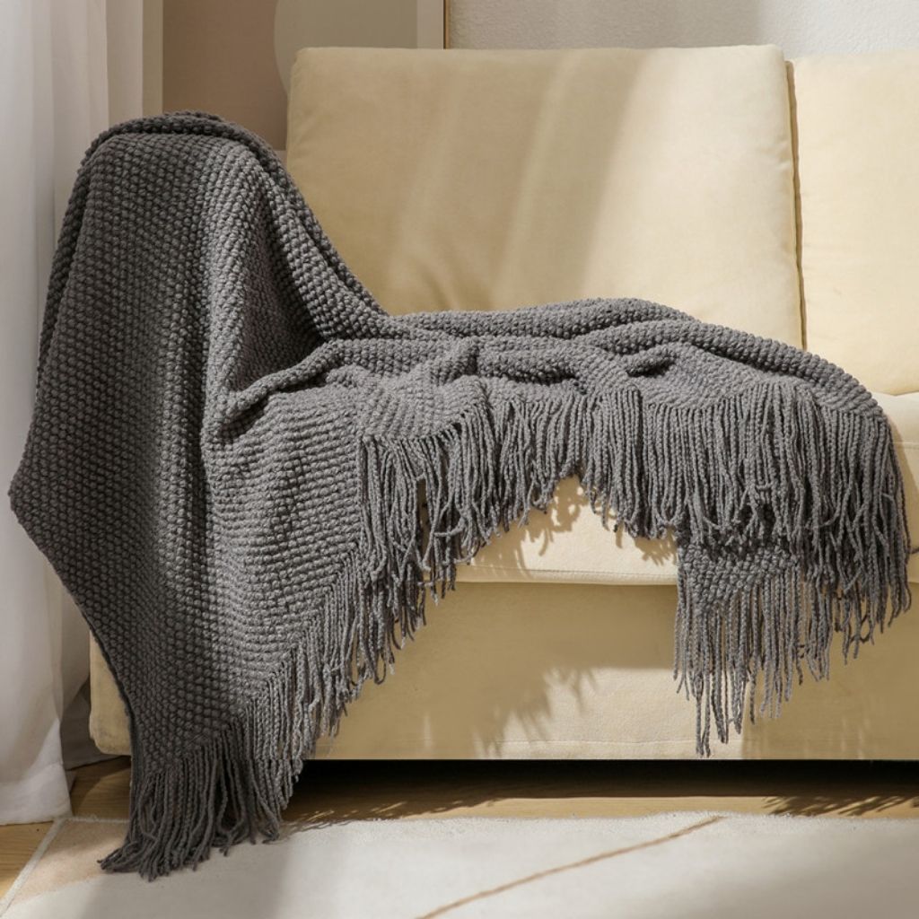 Tassel throw blanket in acrylic blend lightweight design for year round comfort