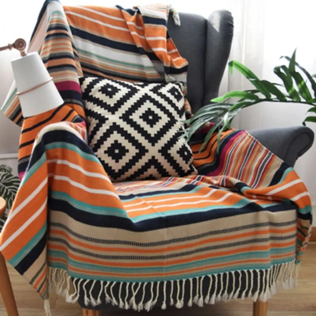 oft acrylic throw blanket with colorful stripes and tassel trim for bedroom decor