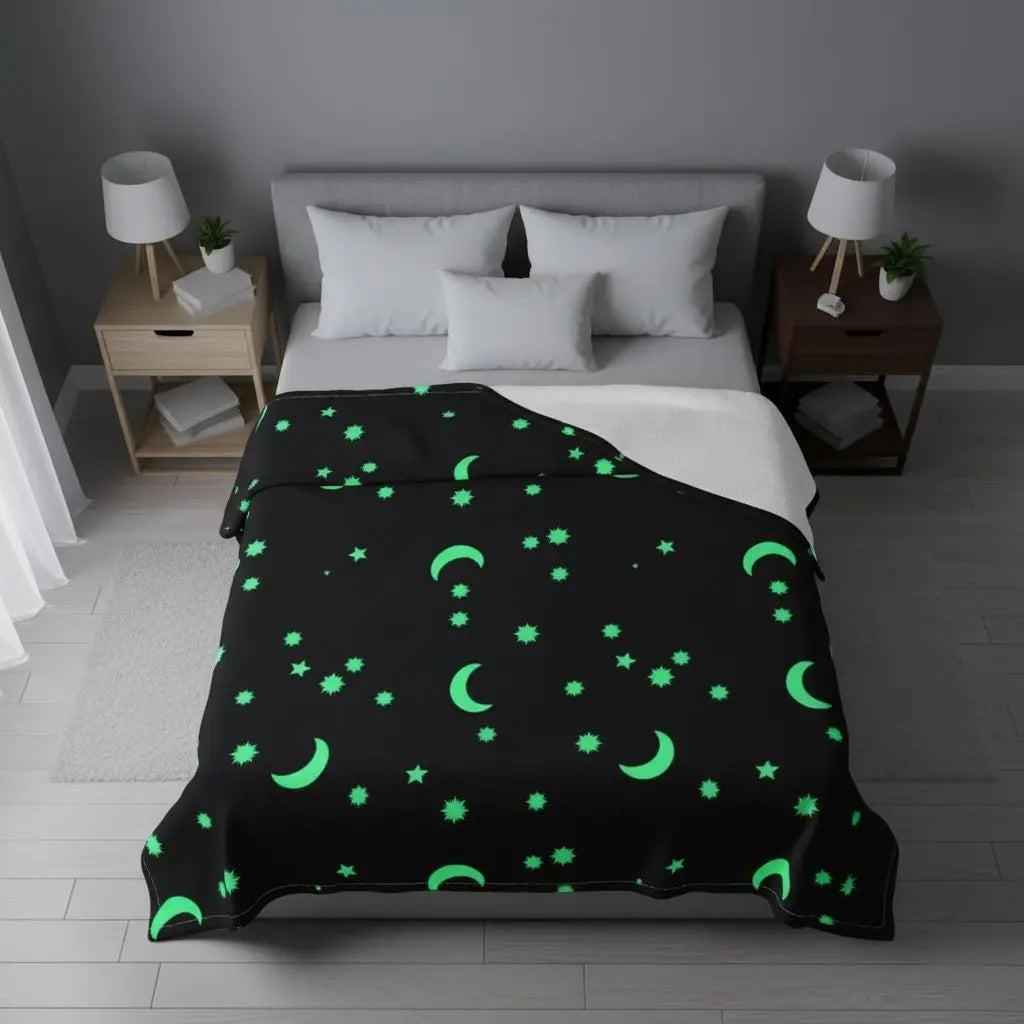 Luminous throw blanket with glowing stars creating ambient night lighting in modern bedroom