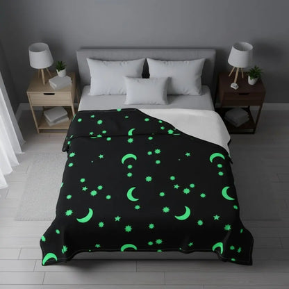 Luminous throw blanket with glowing stars creating ambient night lighting in modern bedroom