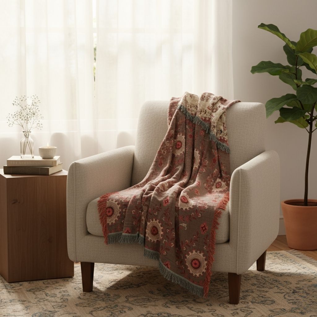 Cotton air conditioning blanket with decorative fringe and floral woven pattern for summer comfort
