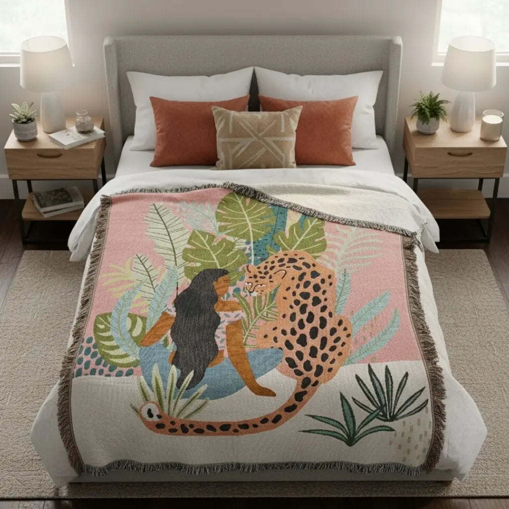 Abstract pattern blanket featuring geometric design with bold color contrasts