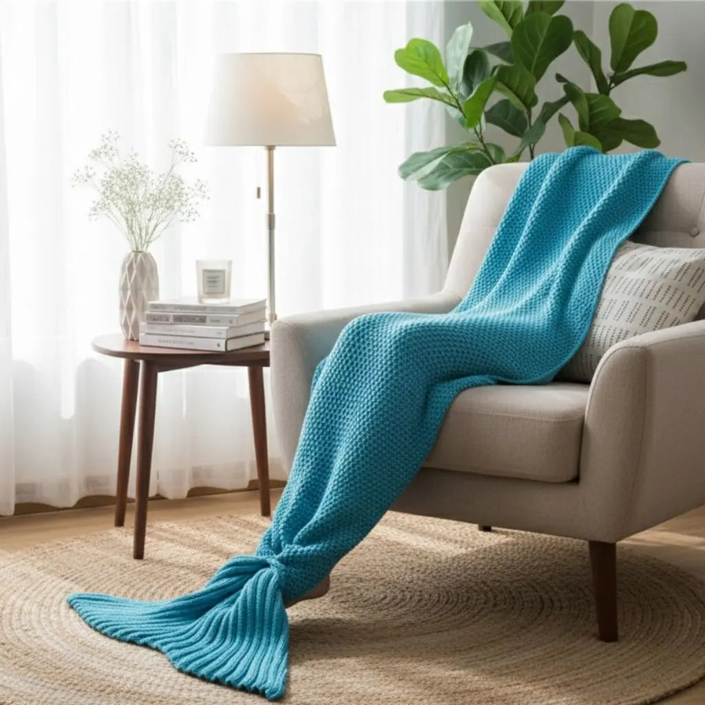 Knit mermaid tail blanket in soft acrylic fiber with wraparound design for cozy lounging