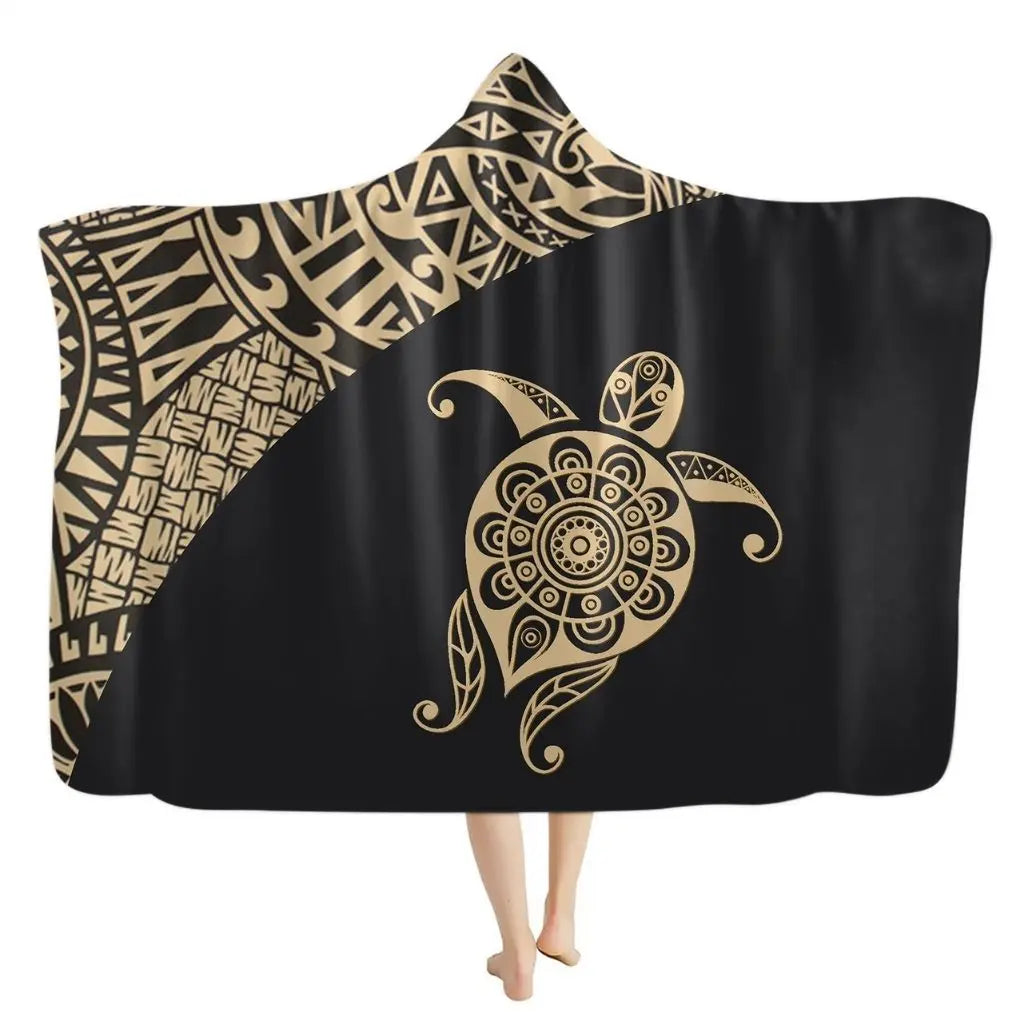 Flannel hooded blanket with turtle centerpiece and bohemian border pattern for warmth
