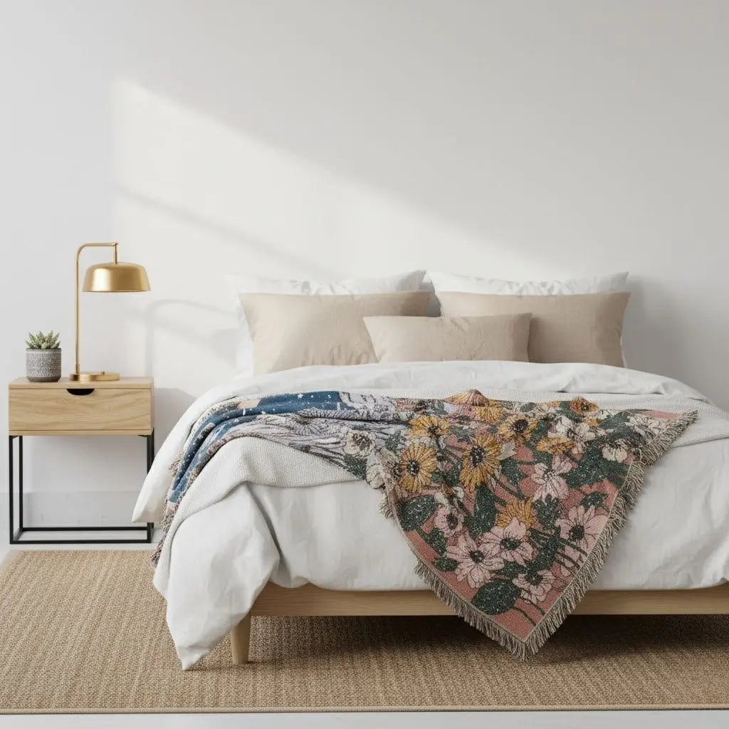 Celestial tarot throw featuring mystical moon artwork and bohemian woven texture with decorative fringe