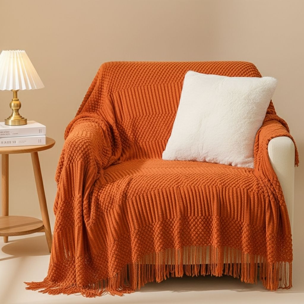Scandi Fringe Nordic Knit Throw Sofa Blanket