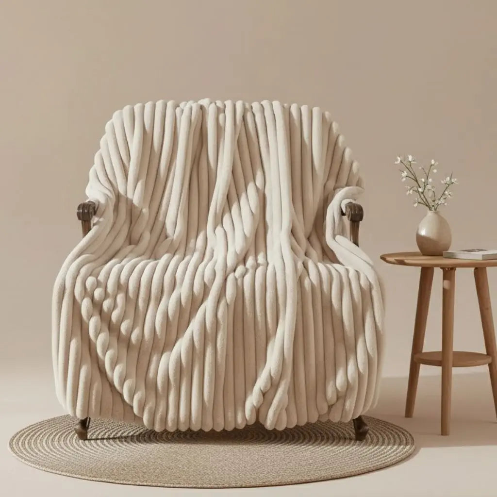 Soft rabbit fur blanket with striped jacquard pattern for cozy home comfort