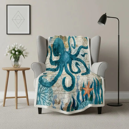 Coral fleece blanket with ocean print design for cozy home decor

