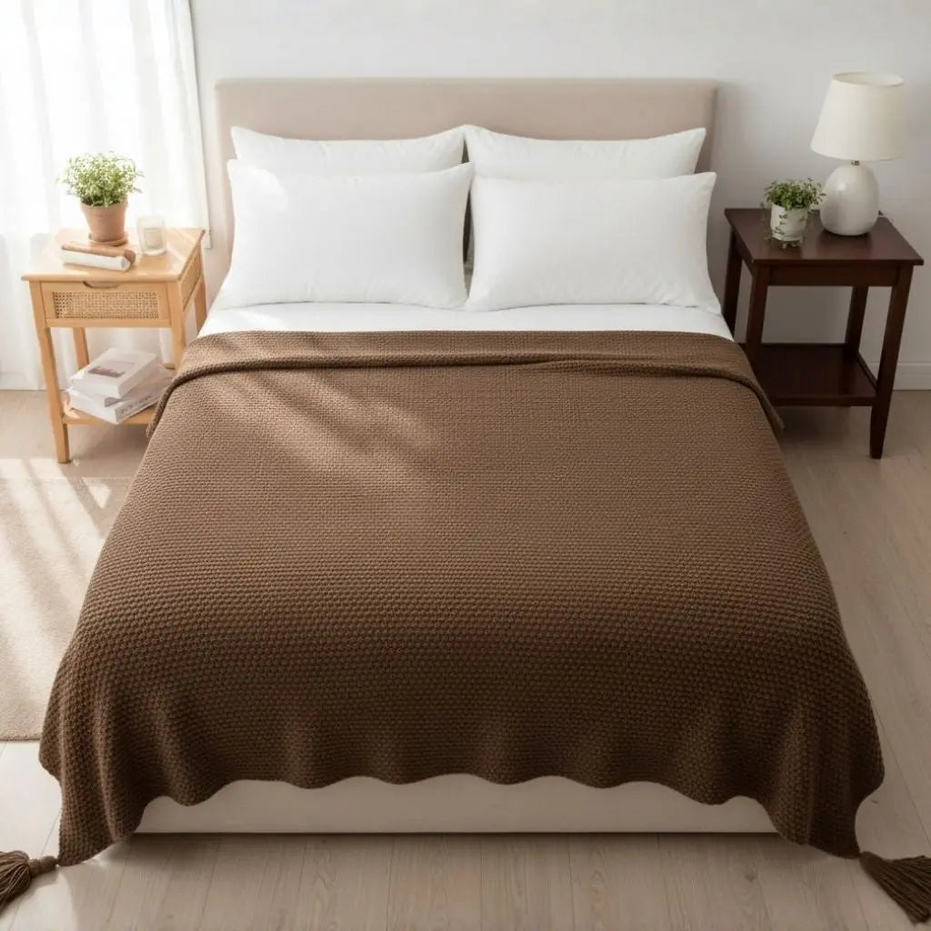 Knitted home blanket with tassel accents for sofa layering and comfort