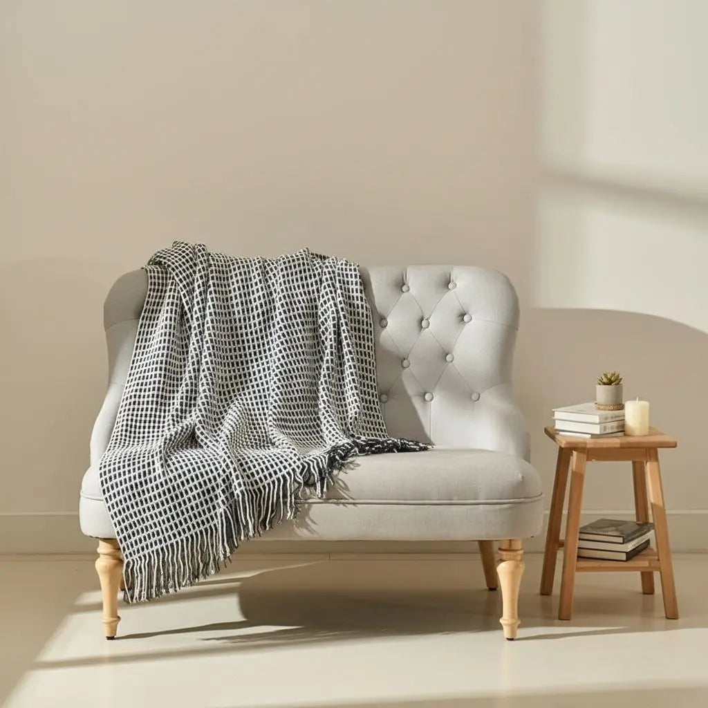  Waffle textured throw blanket with geometric pattern and tassel fringe for home decor